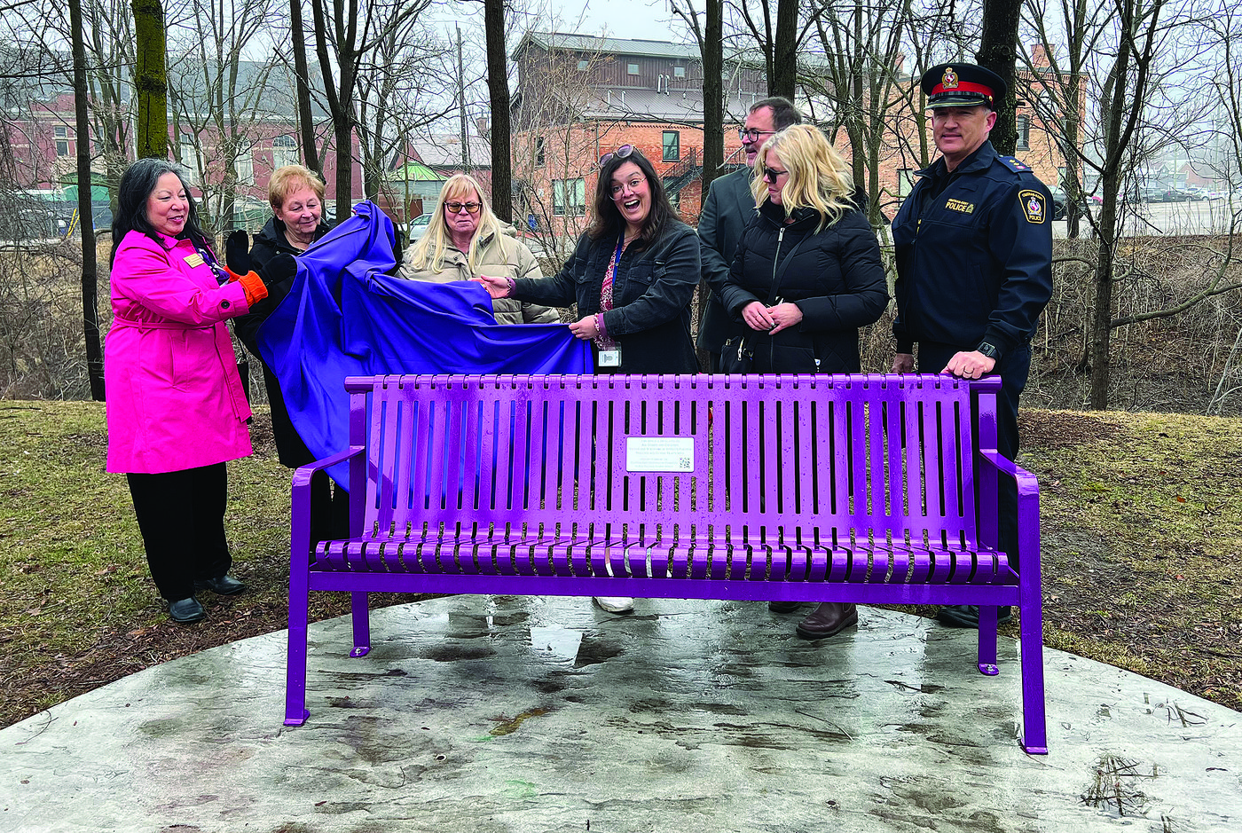 This Chatham bench has a QR code to safety